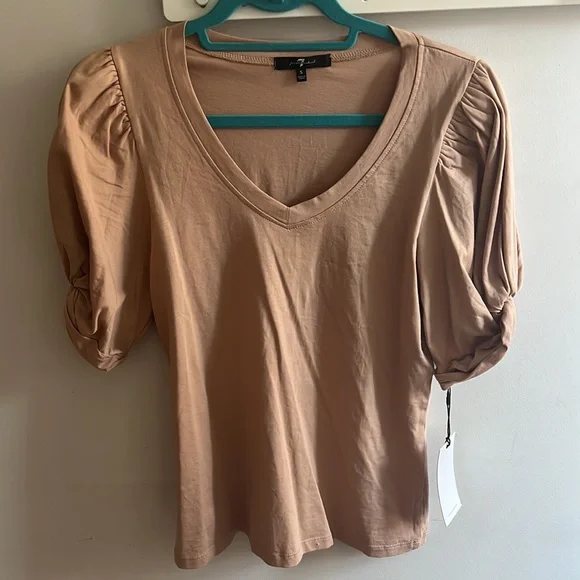 OVER 60% OFF❗️NWT 7 For All Mankind V-Neck Puff Sleeve Shirt Brown Small - Picture 4 of 5